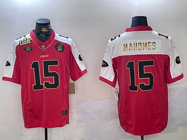 Mens Kansas City Chiefs #15 Patrick Mahomes Red With Gold Super Bowl LVIII Patch Limited Stitched Football Jersey Dzhi